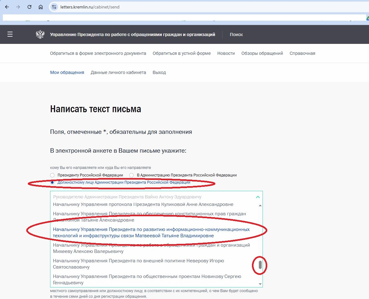 Выбор адресата: можно написать Президенту, в Администрацию или конкретному должностному лицу — например, Матвеевой Т. В.